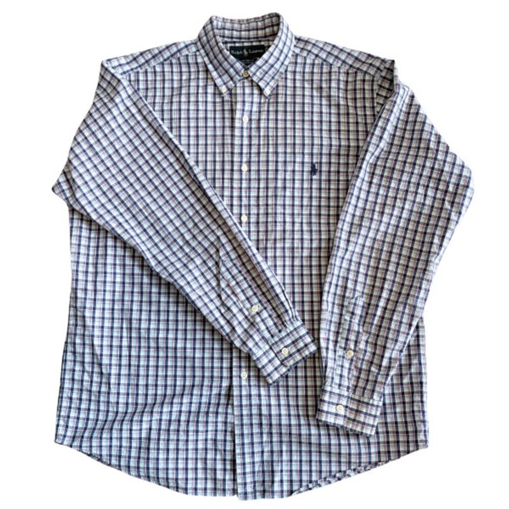 Ralph Lauren Button Down Plaid Long Sleeve Business Custom Fit Blue Size Large